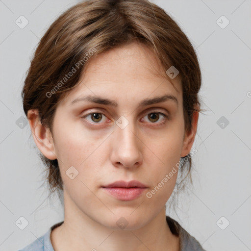 Neutral white young-adult female with medium  brown hair and grey eyes