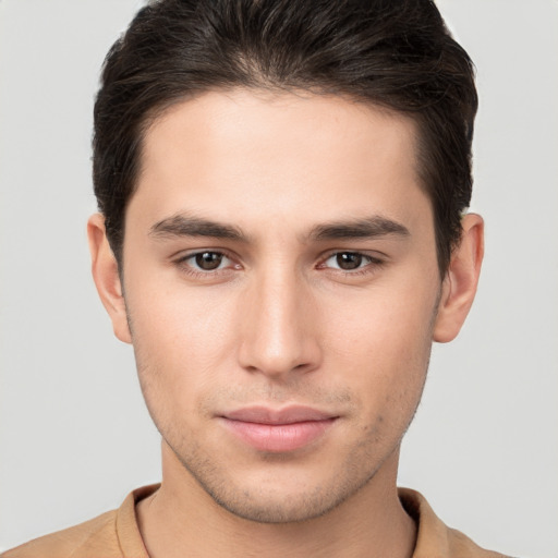 Neutral white young-adult male with short  brown hair and brown eyes