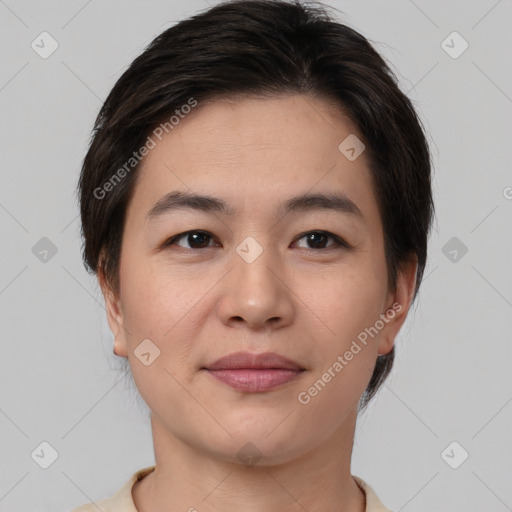 Joyful white young-adult female with medium  brown hair and brown eyes