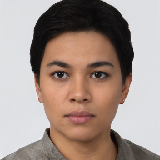 Neutral asian young-adult female with short  black hair and brown eyes