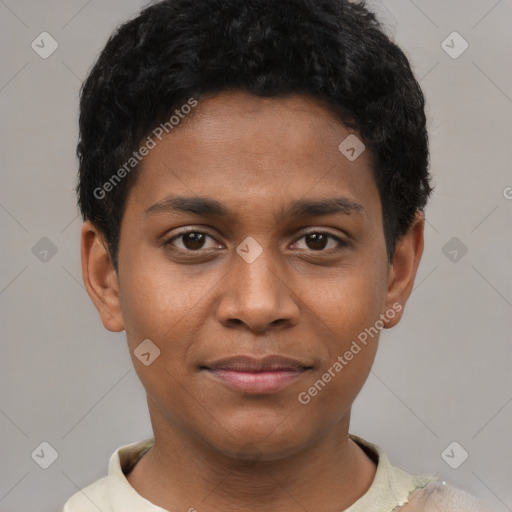 Joyful black young-adult male with short  brown hair and brown eyes