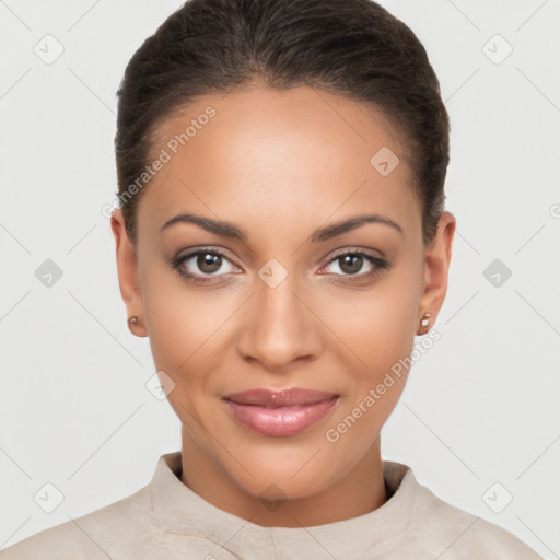 Joyful latino young-adult female with short  brown hair and brown eyes