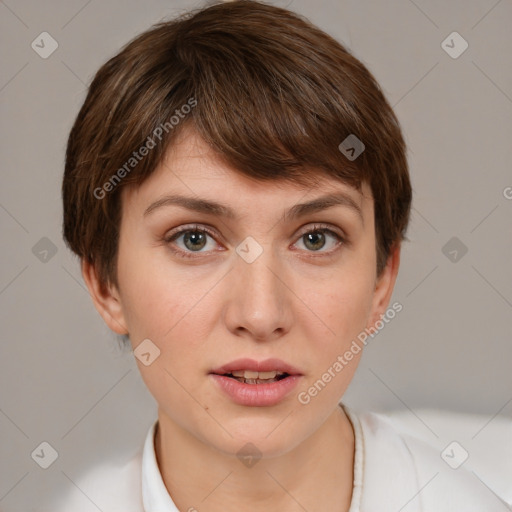 Neutral white young-adult female with short  brown hair and brown eyes