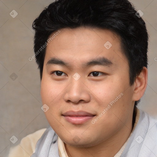 Joyful asian young-adult male with short  black hair and brown eyes