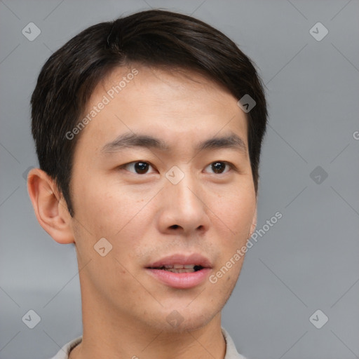 Neutral asian young-adult male with short  brown hair and brown eyes