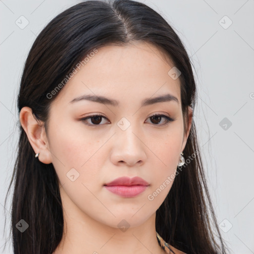 Neutral asian young-adult female with long  brown hair and brown eyes