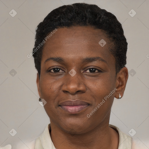 Joyful black young-adult female with short  black hair and brown eyes