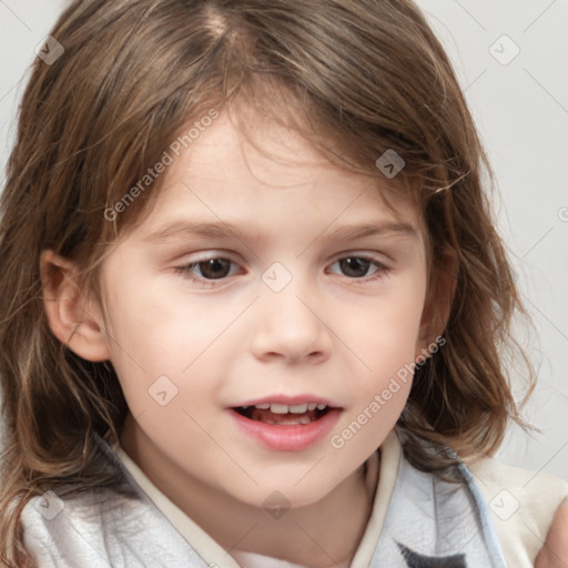 Joyful white child female with medium  brown hair and brown eyes