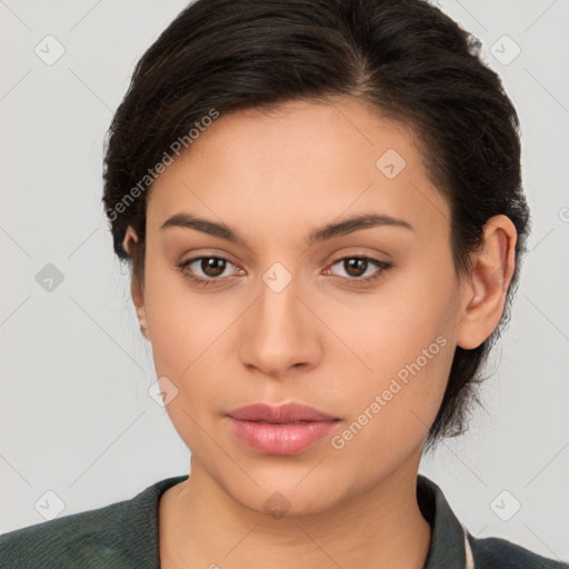 Neutral white young-adult female with medium  brown hair and brown eyes