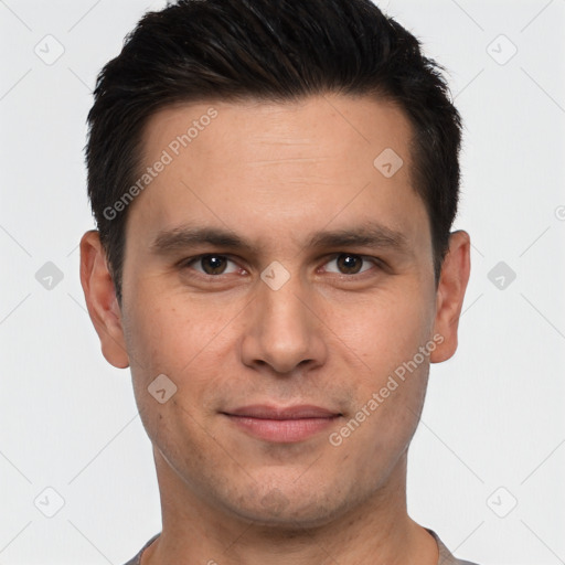 Joyful white young-adult male with short  brown hair and brown eyes