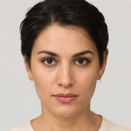 Neutral white young-adult female with short  brown hair and brown eyes