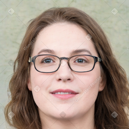 Joyful white young-adult female with long  brown hair and blue eyes