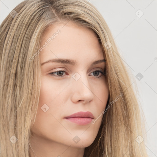 Neutral white young-adult female with long  brown hair and brown eyes