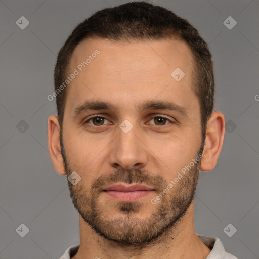 Neutral white young-adult male with short  brown hair and brown eyes