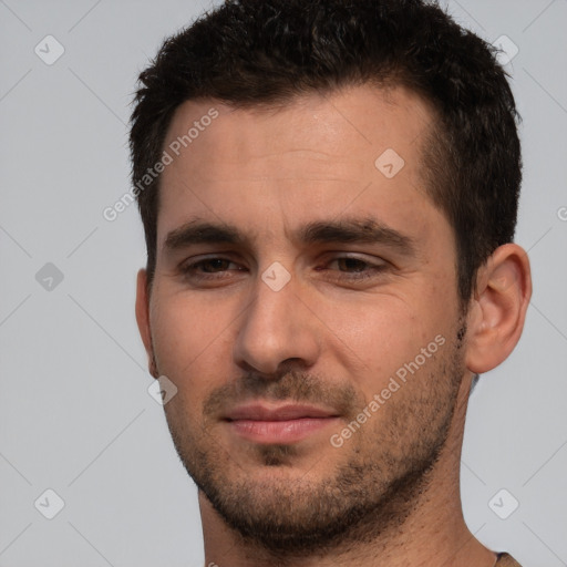 Neutral white young-adult male with short  brown hair and brown eyes