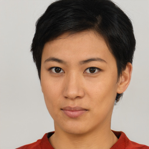 Neutral asian young-adult female with short  brown hair and brown eyes