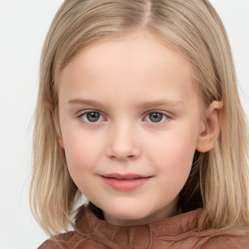 Neutral white child female with medium  brown hair and grey eyes