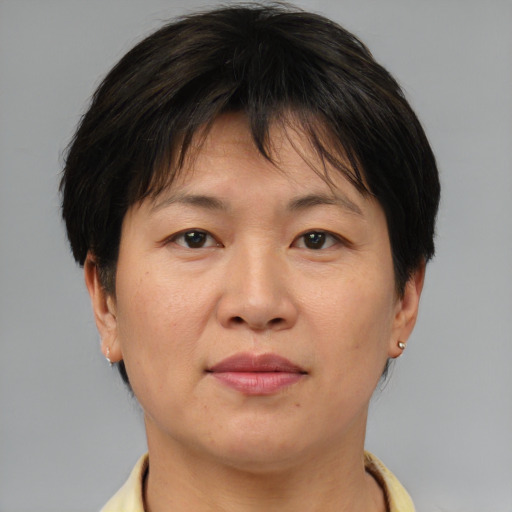 Joyful asian adult female with short  brown hair and brown eyes
