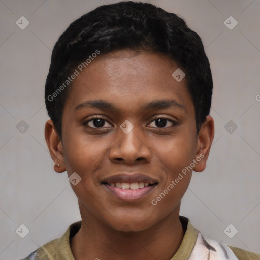 Joyful latino young-adult female with short  black hair and brown eyes