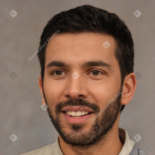 Joyful white young-adult male with short  black hair and brown eyes