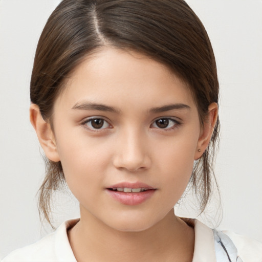 Joyful white child female with medium  brown hair and brown eyes