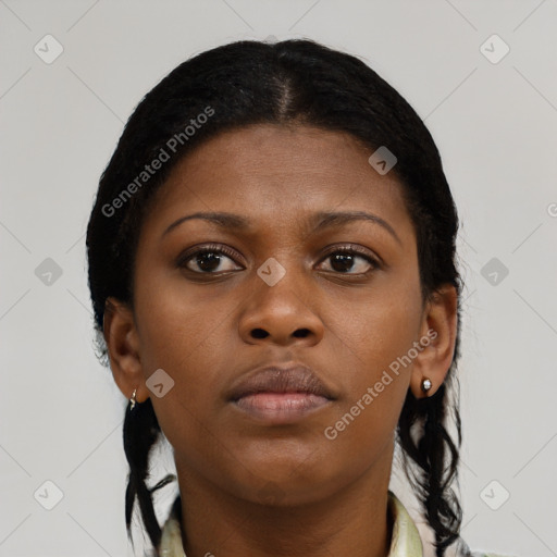 Neutral black young-adult female with short  brown hair and brown eyes