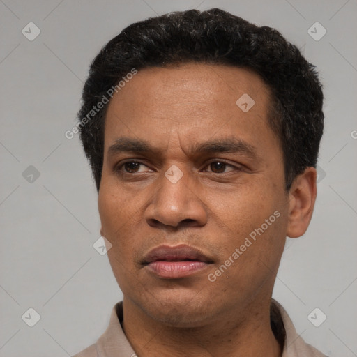 Neutral latino adult male with short  black hair and brown eyes