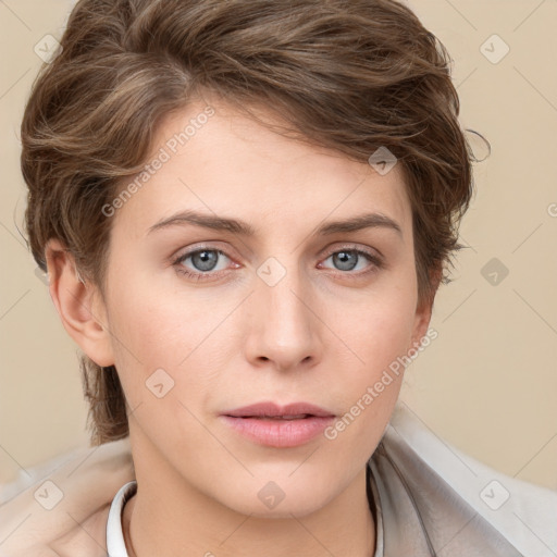 Neutral white young-adult female with short  brown hair and brown eyes