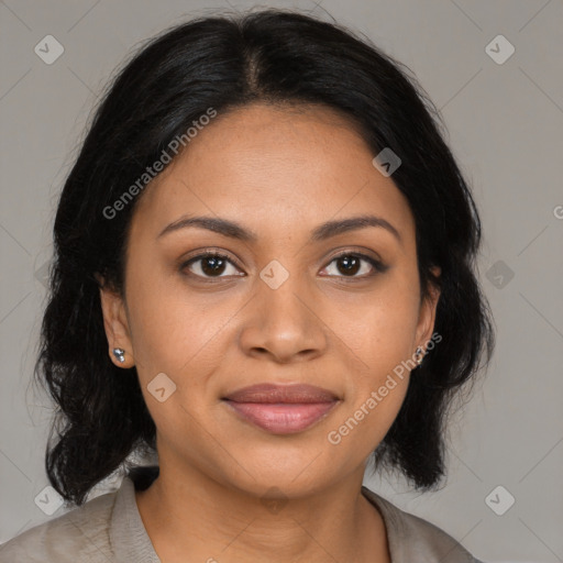 Joyful black young-adult female with medium  black hair and brown eyes