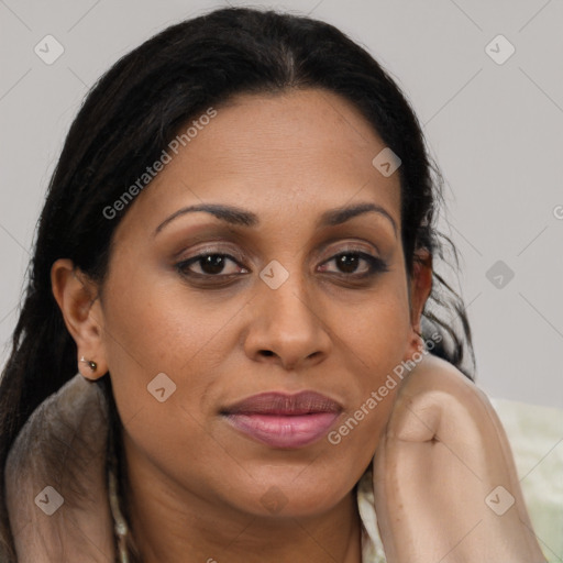 Joyful latino young-adult female with long  brown hair and brown eyes