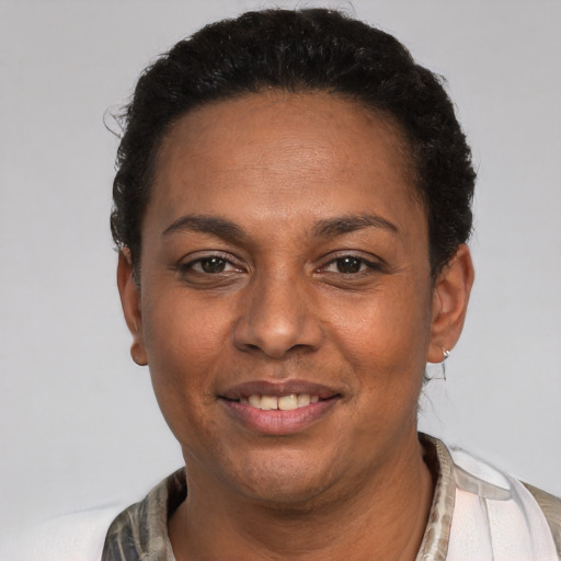 Joyful black adult female with short  brown hair and brown eyes