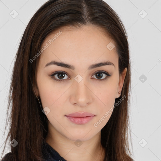 Neutral white young-adult female with long  brown hair and brown eyes