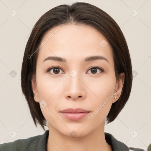 Neutral white young-adult female with medium  brown hair and brown eyes