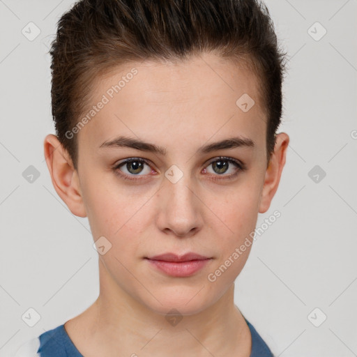 Neutral white young-adult female with short  brown hair and brown eyes