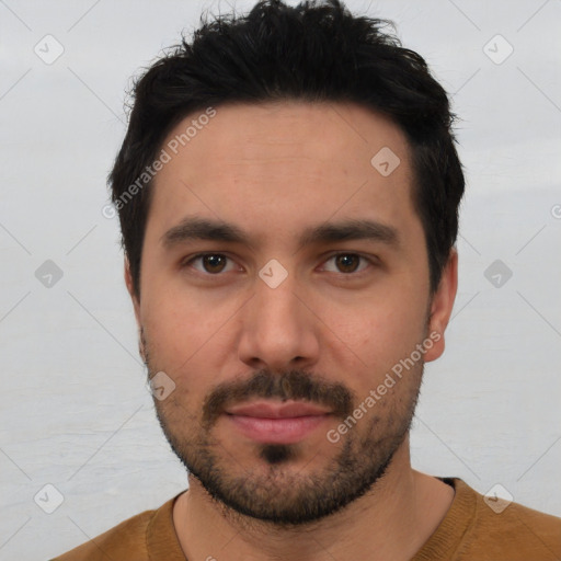 Neutral white young-adult male with short  black hair and brown eyes