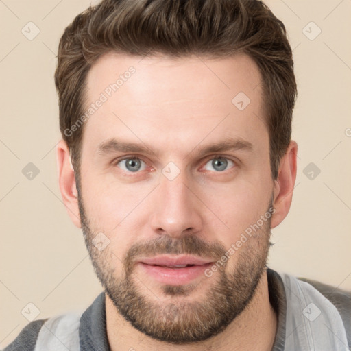 Neutral white young-adult male with short  brown hair and grey eyes