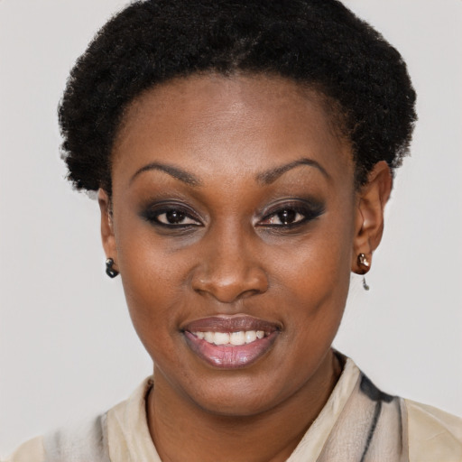 Joyful black young-adult female with short  brown hair and brown eyes