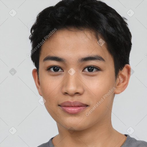 Joyful latino young-adult male with short  black hair and brown eyes