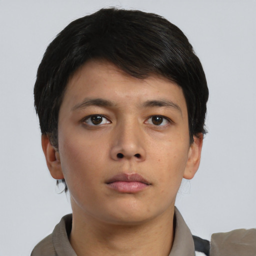 Neutral asian young-adult male with short  brown hair and brown eyes