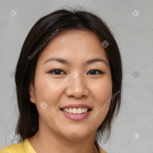 Joyful white young-adult female with medium  brown hair and brown eyes