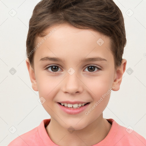 Joyful white child female with short  brown hair and brown eyes