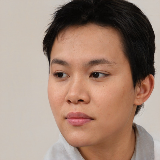 Neutral asian young-adult female with short  brown hair and brown eyes