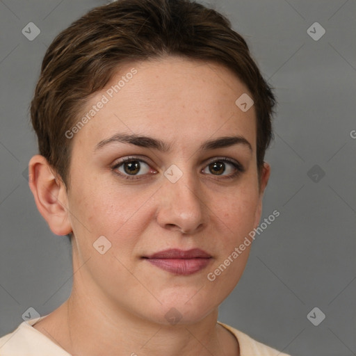 Joyful white young-adult female with short  brown hair and brown eyes