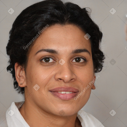 Joyful latino young-adult female with short  brown hair and brown eyes