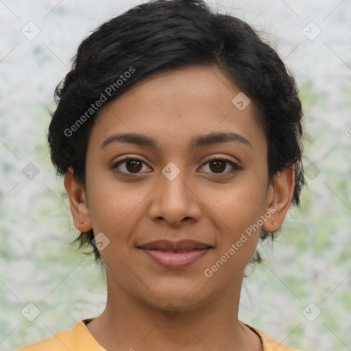 Joyful latino young-adult female with short  brown hair and brown eyes