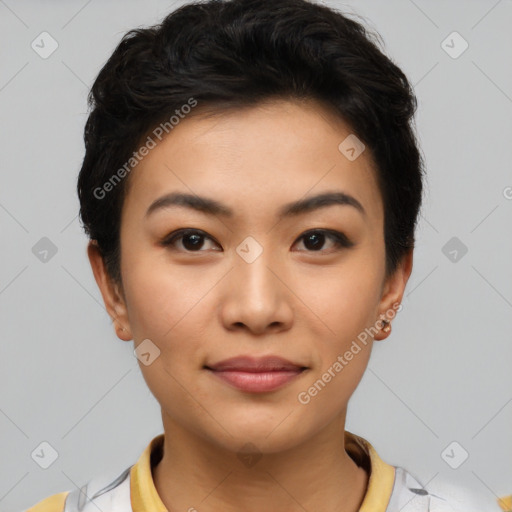 Joyful asian young-adult female with short  brown hair and brown eyes