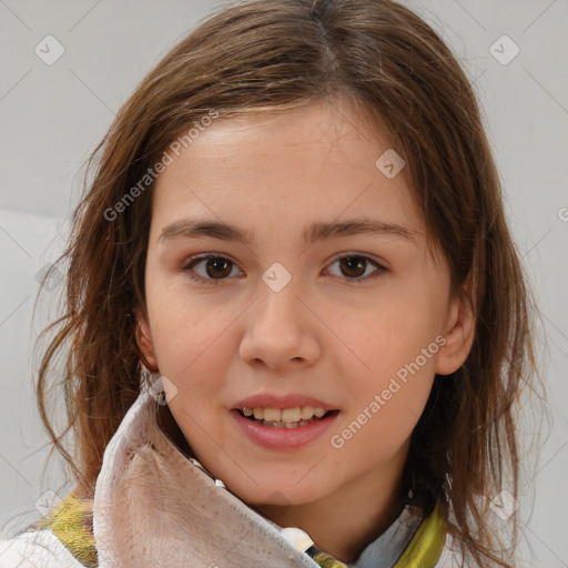 Joyful white child female with medium  brown hair and brown eyes