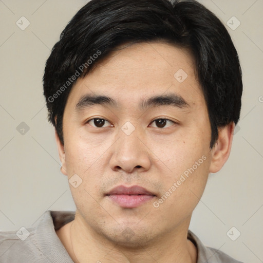 Neutral asian young-adult male with short  black hair and brown eyes