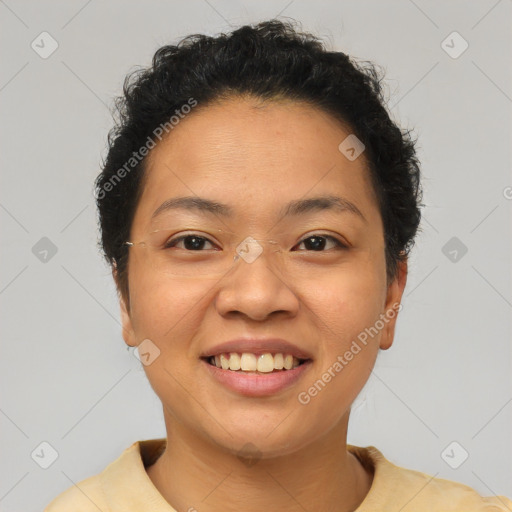 Joyful asian young-adult female with short  brown hair and brown eyes