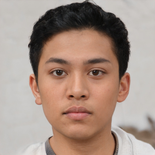 Neutral asian young-adult male with short  black hair and brown eyes